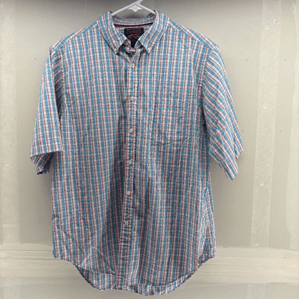 Vintage Cremieux Mens Large Plaid Red Blue White Button Down Short Sleeve